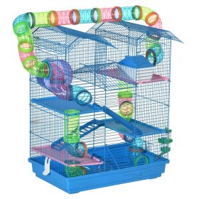 5 Tiers Hamster Cage, Extra Large, Small Animal House, Wheels, Tubes, Water Bottle, Ladder, Blue