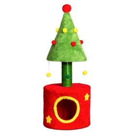 30in Cat Scratching Post with Cat House for Indoor Kitten, Small Cat Tree Tower with Sisal Post and Cute Hanging Balls, Red & Green