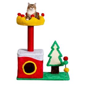 29.5in Christmas Themed Plush Cat Tree, Multi-level Cat Tower with Cat Condo, Top Crown Perch, Sisal Scratching Posts